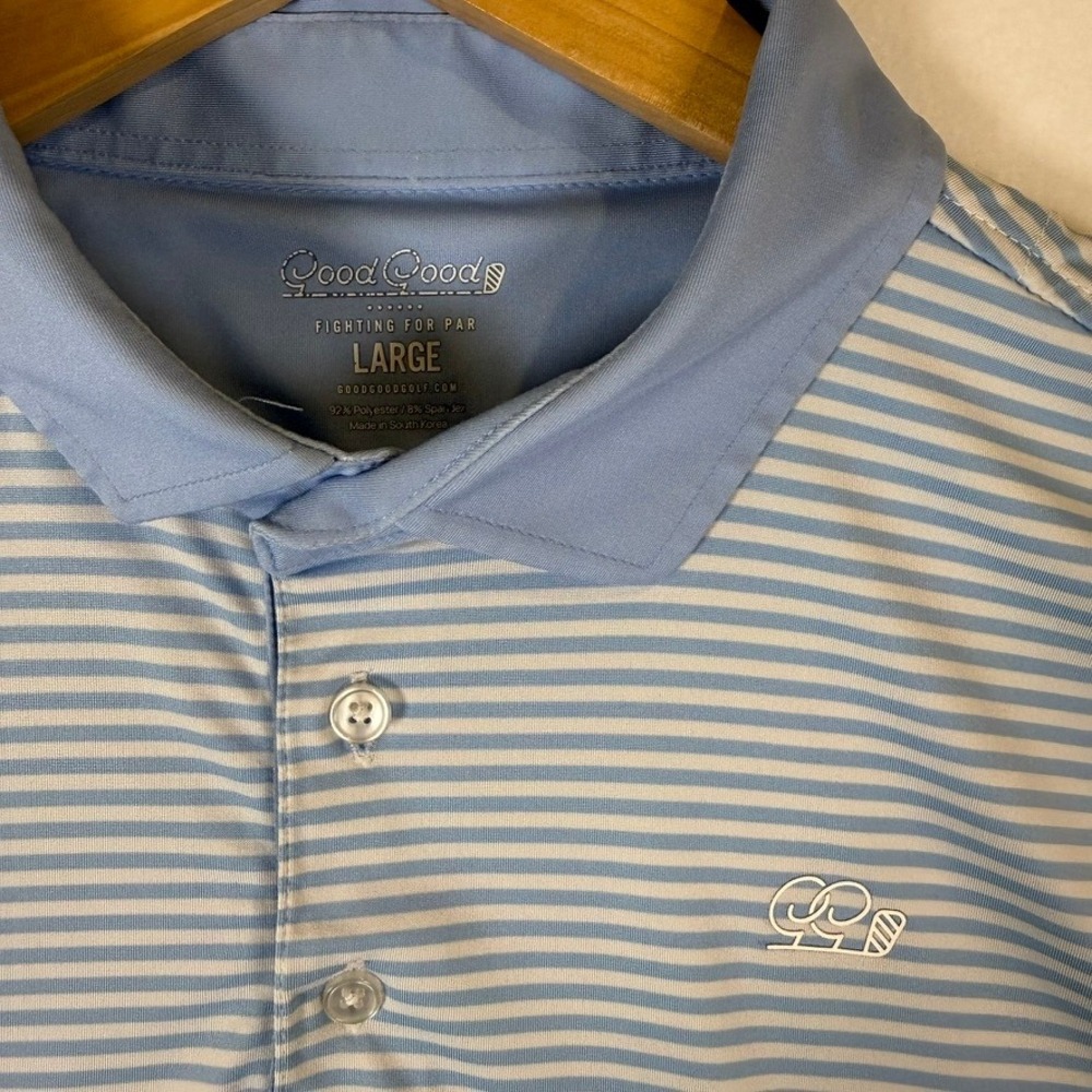 Good Good Golf Men Large Blue White Striped Performance Polo Shirt Short Sleeve